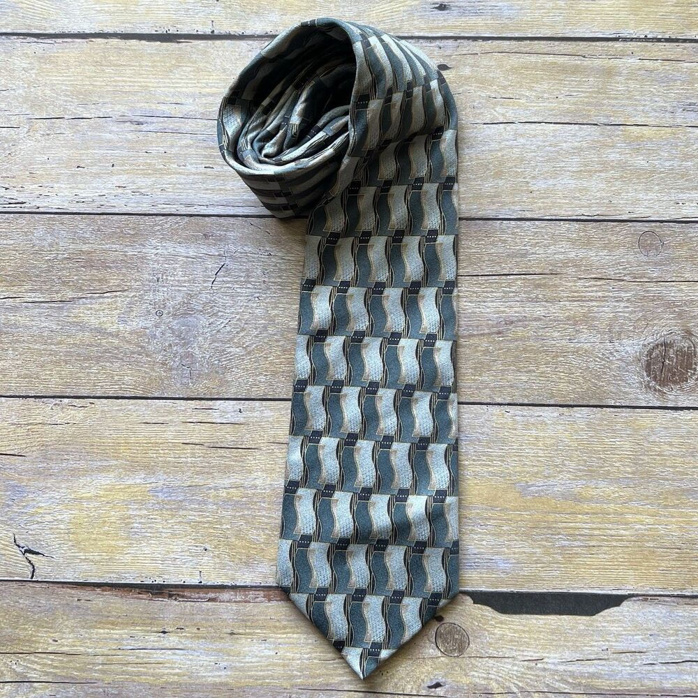 Giorgio Cosani Mens Silk Tie Sage Green Gold Geometric Wavy‎ Pattern Italy Made